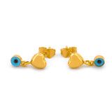 Aretes Corazón y Ojito 1.2 cm Oro Sólido 14k