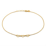 Pulsera Tobillera 3 Corazones Oro Sólido 14k